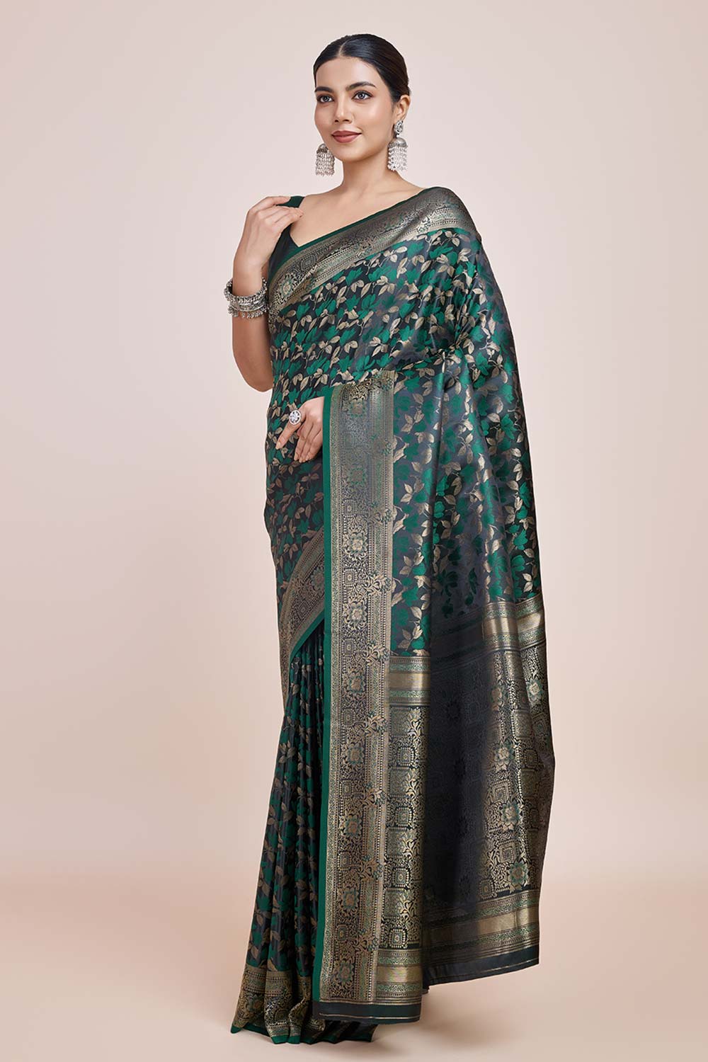 Dark Green Banarasi Satin Silk Woven Saree