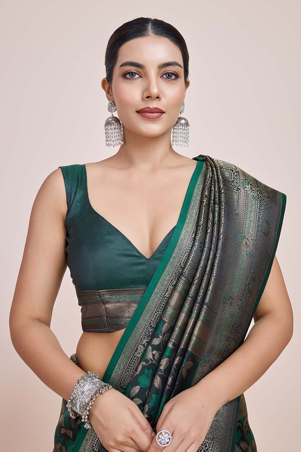 Dark Green Banarasi Satin Silk Woven Saree