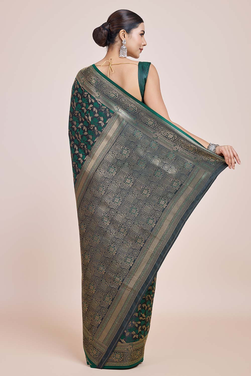 Dark Green Banarasi Satin Silk Woven Saree