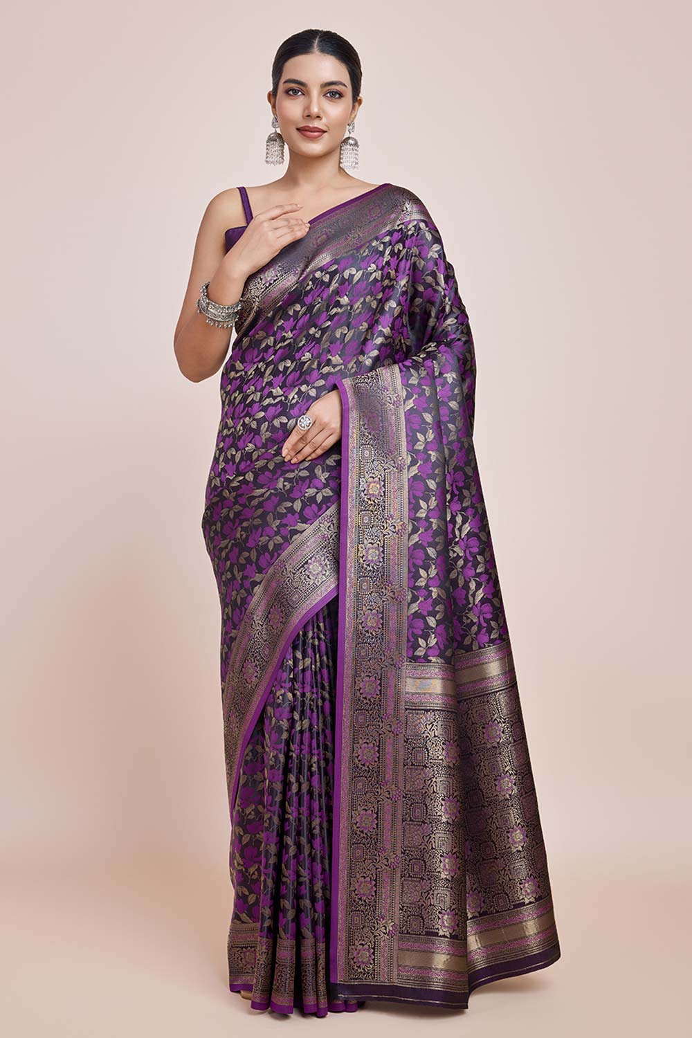 Dark Purple Banarasi Satin Silk Woven Saree