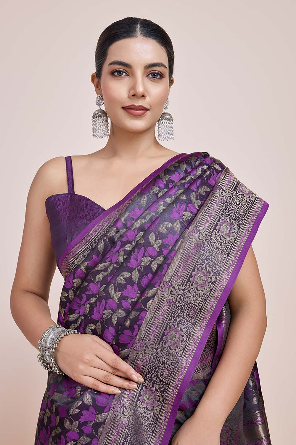 Dark Purple Banarasi Satin Silk Woven Saree