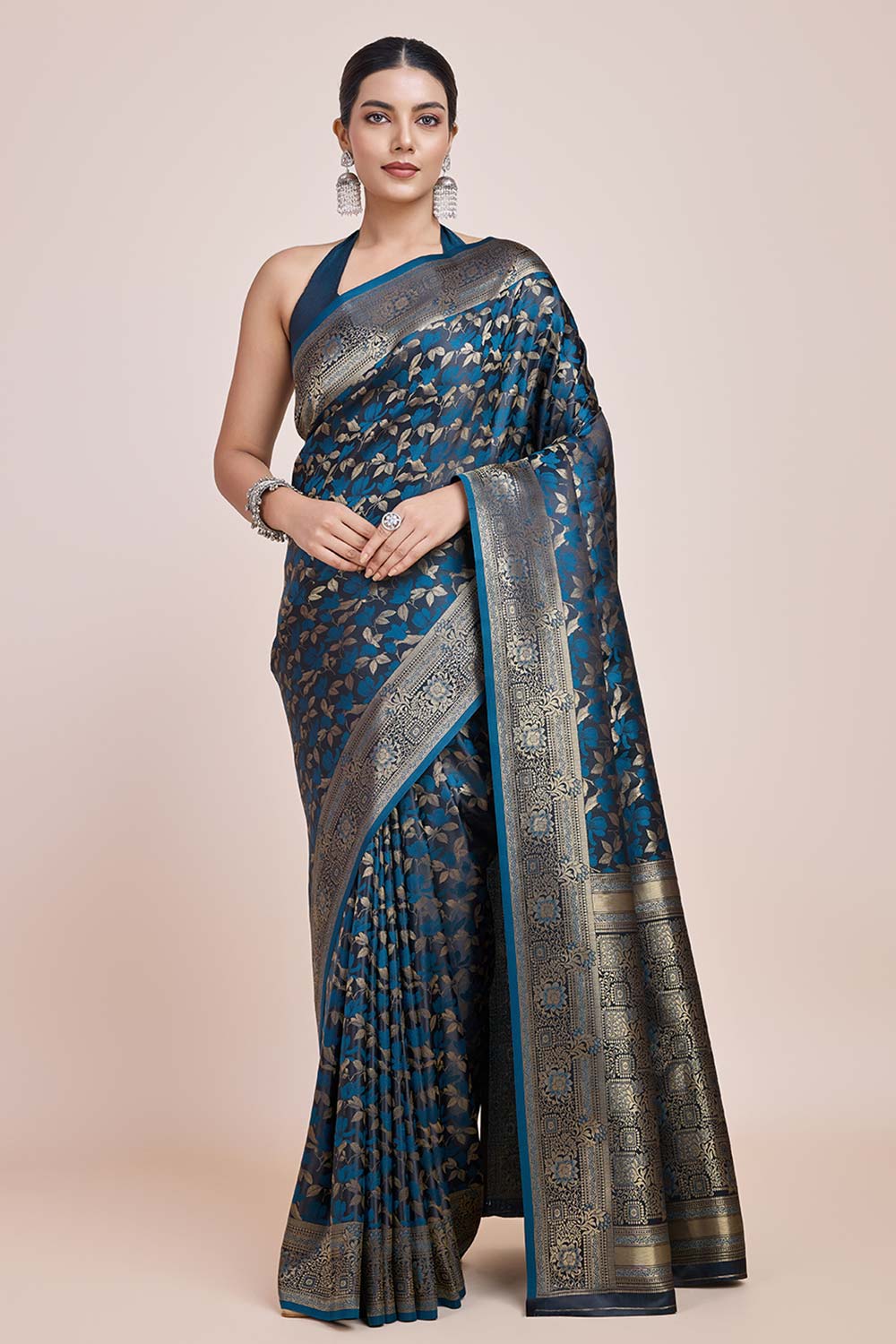 Dark Teal Banarasi Satin Silk Woven Saree