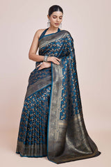 Dark Teal Banarasi Satin Silk Woven Saree