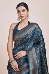 Dark Teal Banarasi Satin Silk Woven Saree