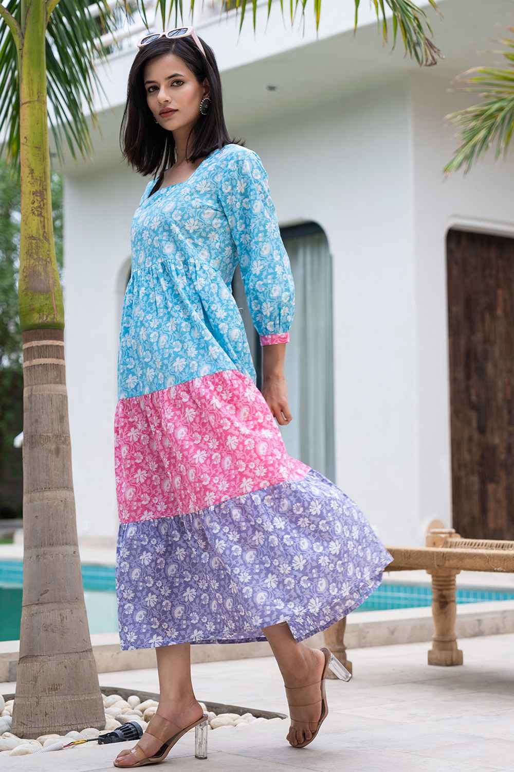 Blue Floral Print Pure Cotton Dress