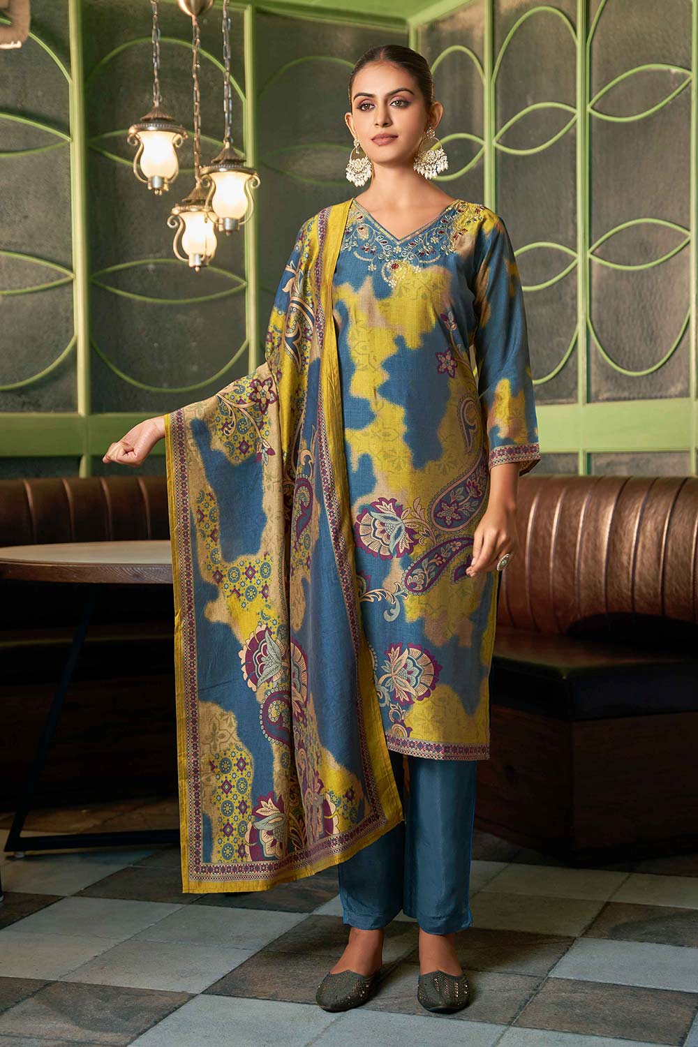 Mustard Viscose Silk Embroidered Salwar Suit