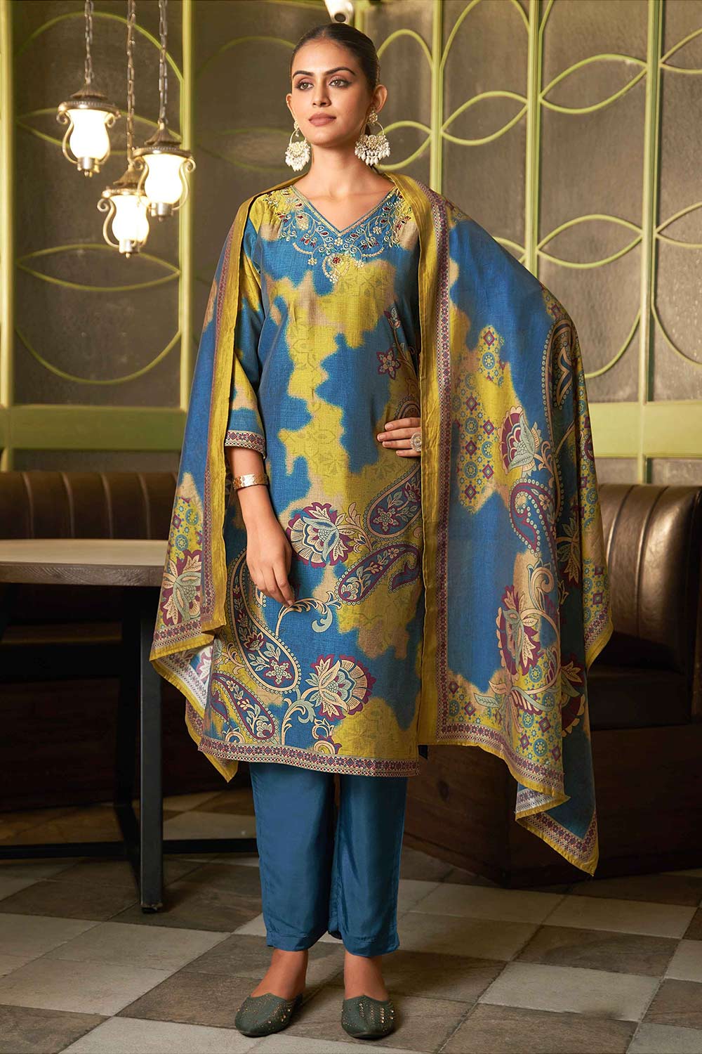 Mustard Viscose Silk Embroidered Salwar Suit