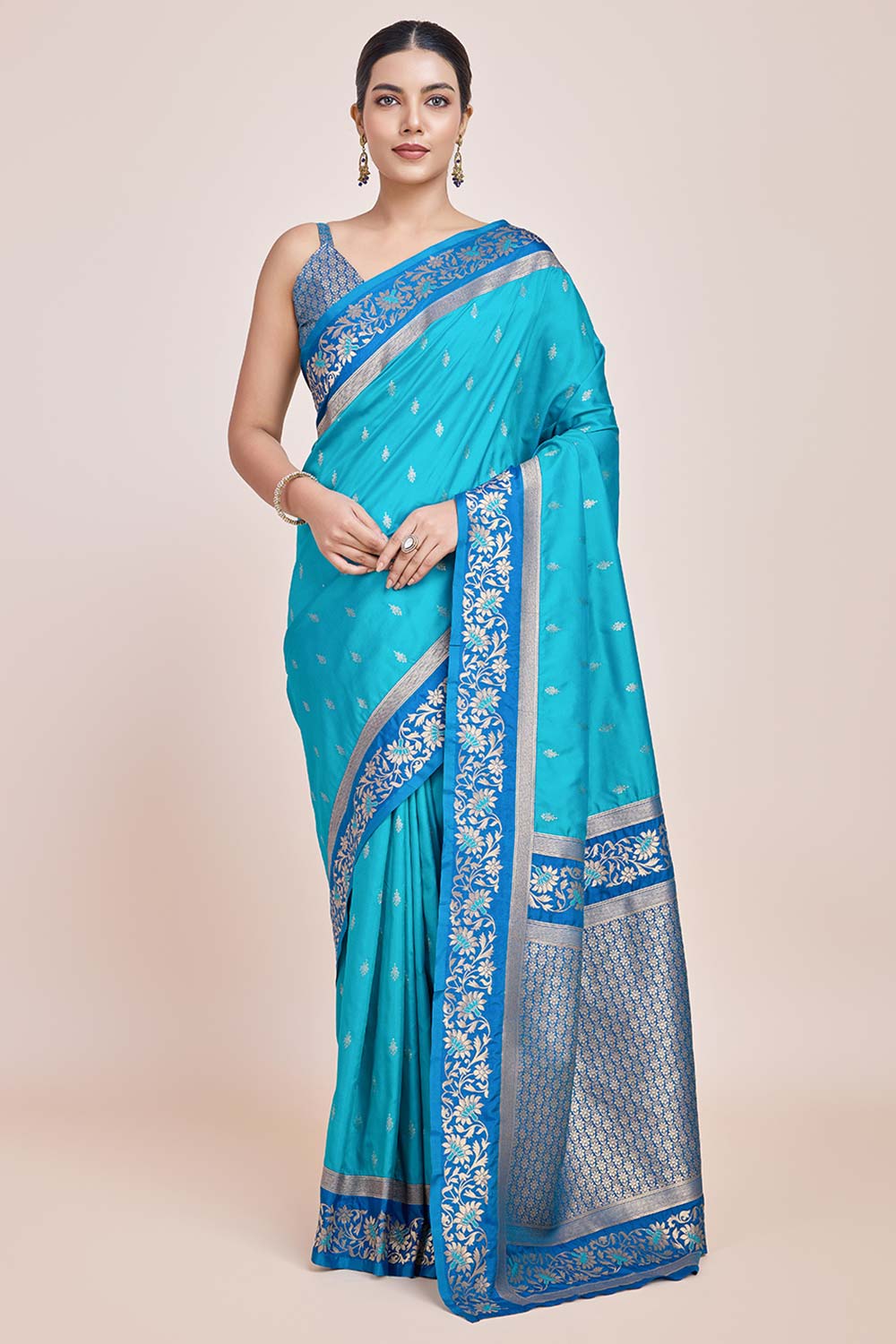 Sky Blue Banarasi Satin Silk Saree