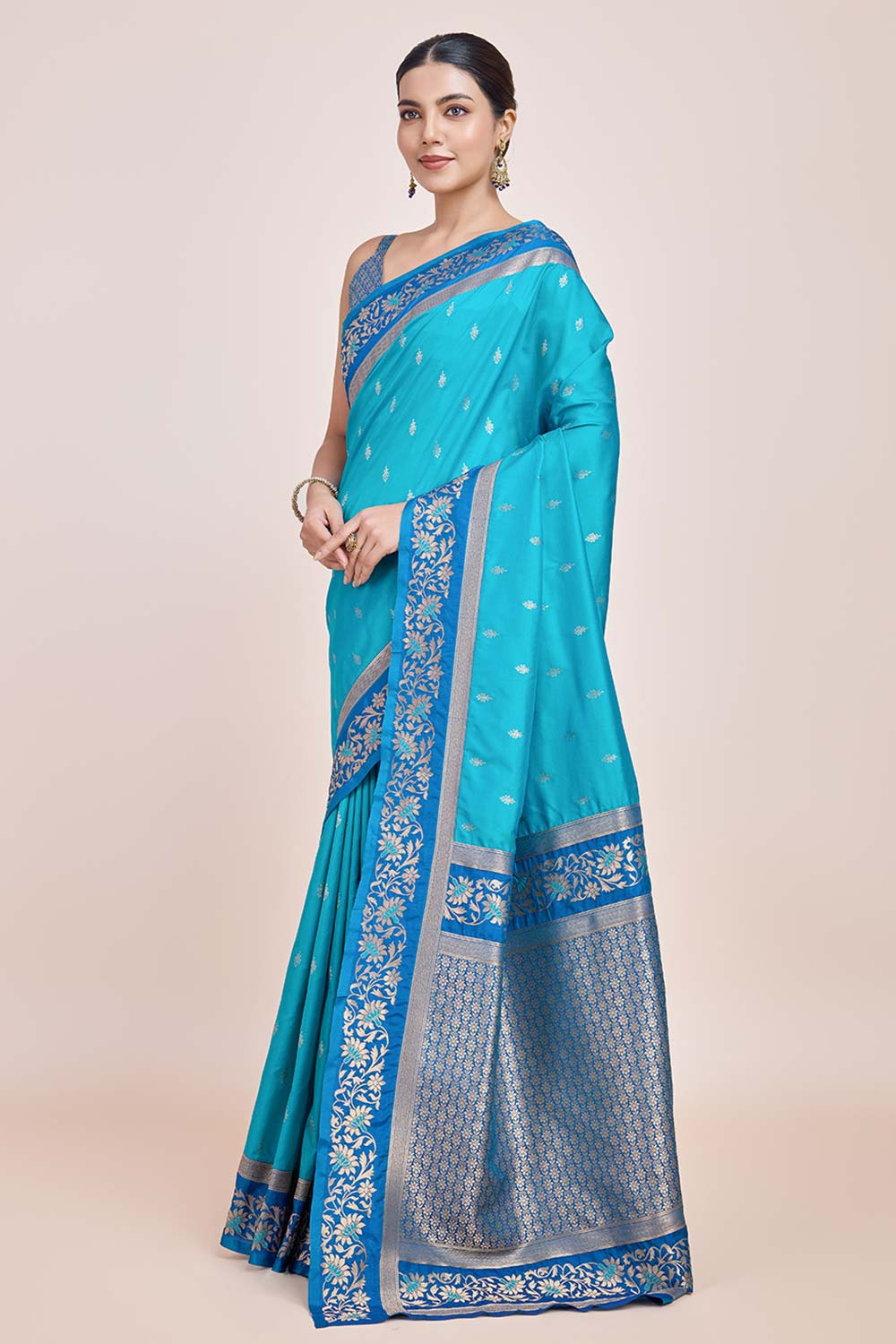 Sky Blue Banarasi Satin Silk Saree