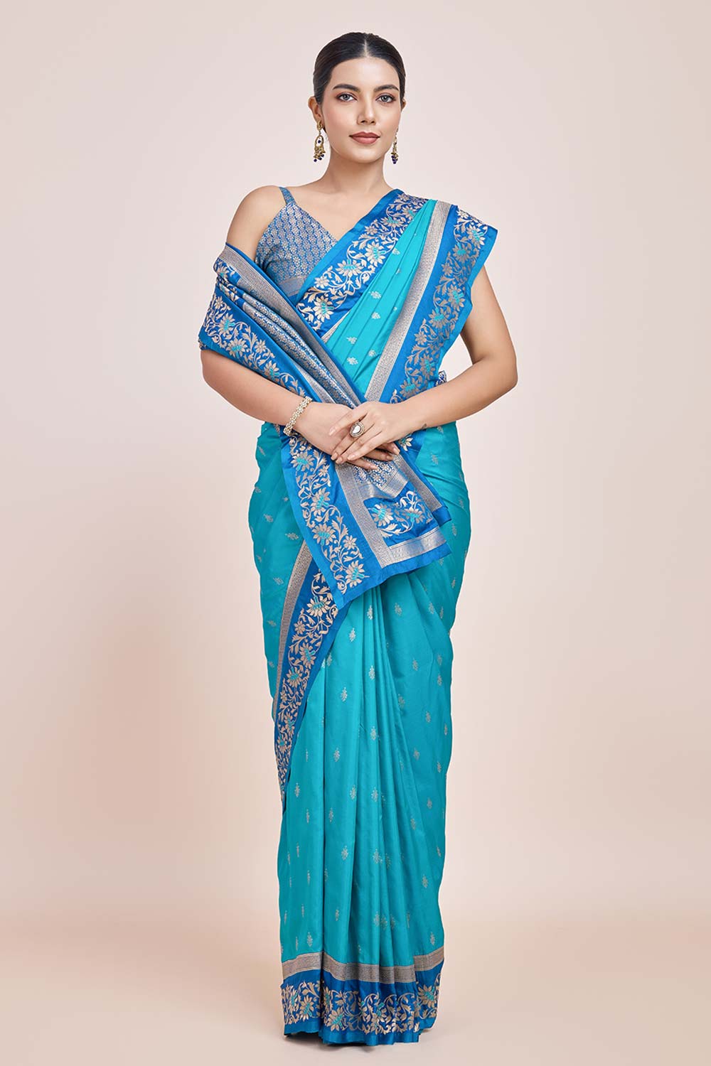 Sky Blue Banarasi Satin Silk Saree