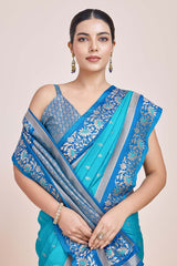 Sky Blue Banarasi Satin Silk Saree