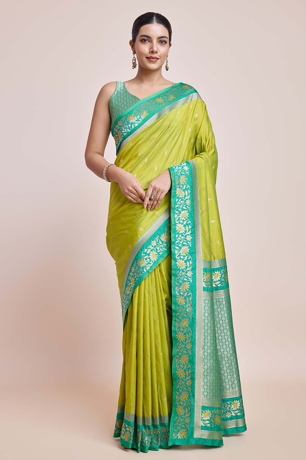 Parrot Green Banarasi Satin Silk Saree