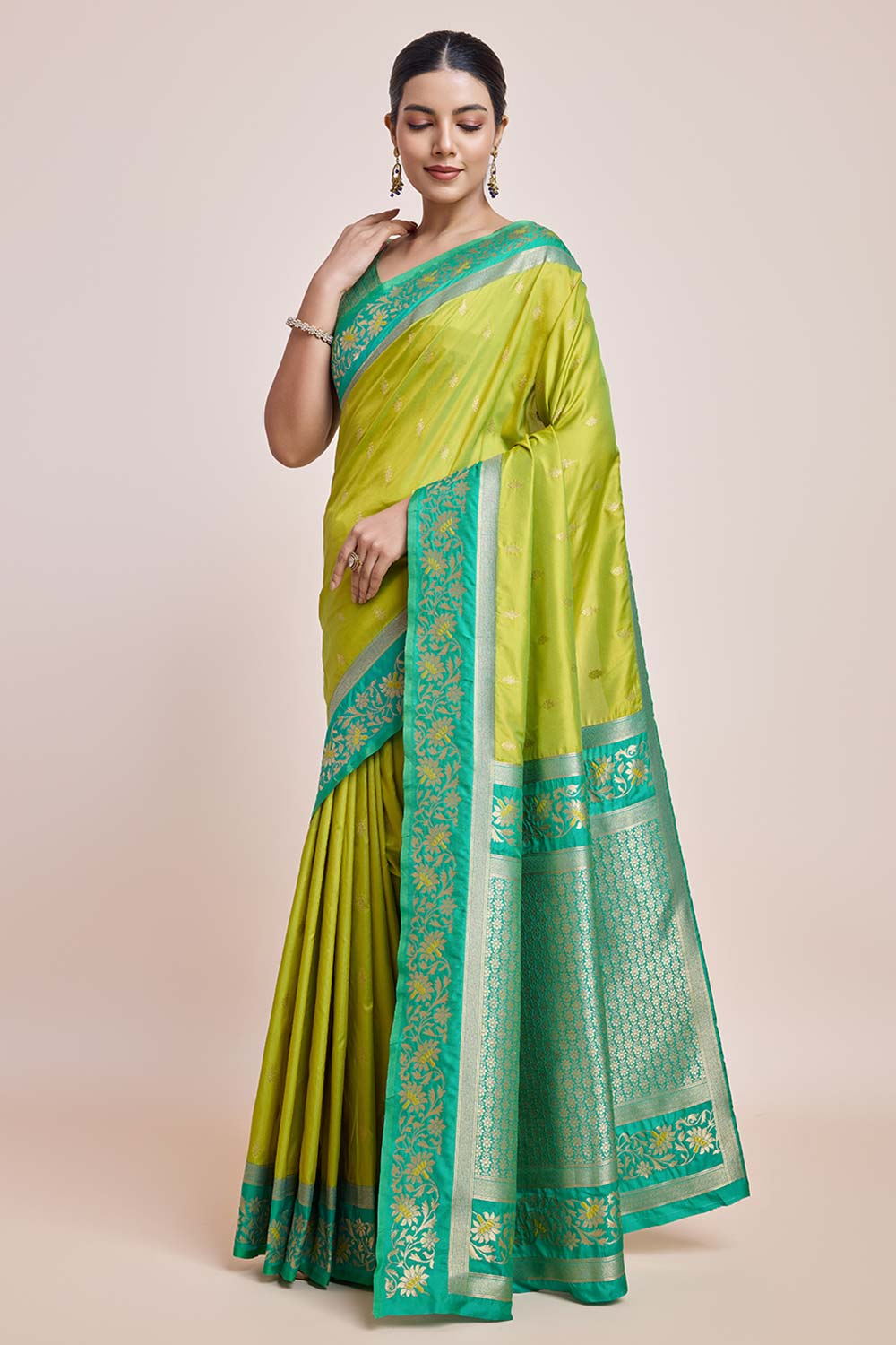 Parrot Green Banarasi Satin Silk Saree