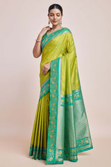 Parrot Green Banarasi Satin Silk Saree