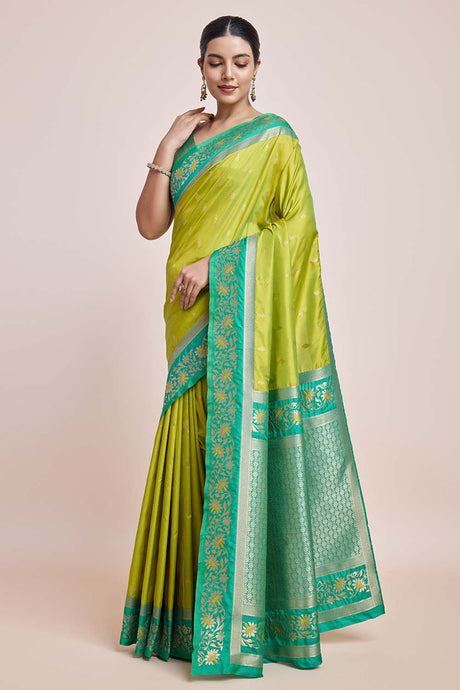 Parrot Green Banarasi Satin Silk Saree