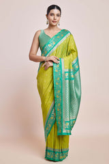 Parrot Green Banarasi Satin Silk Saree