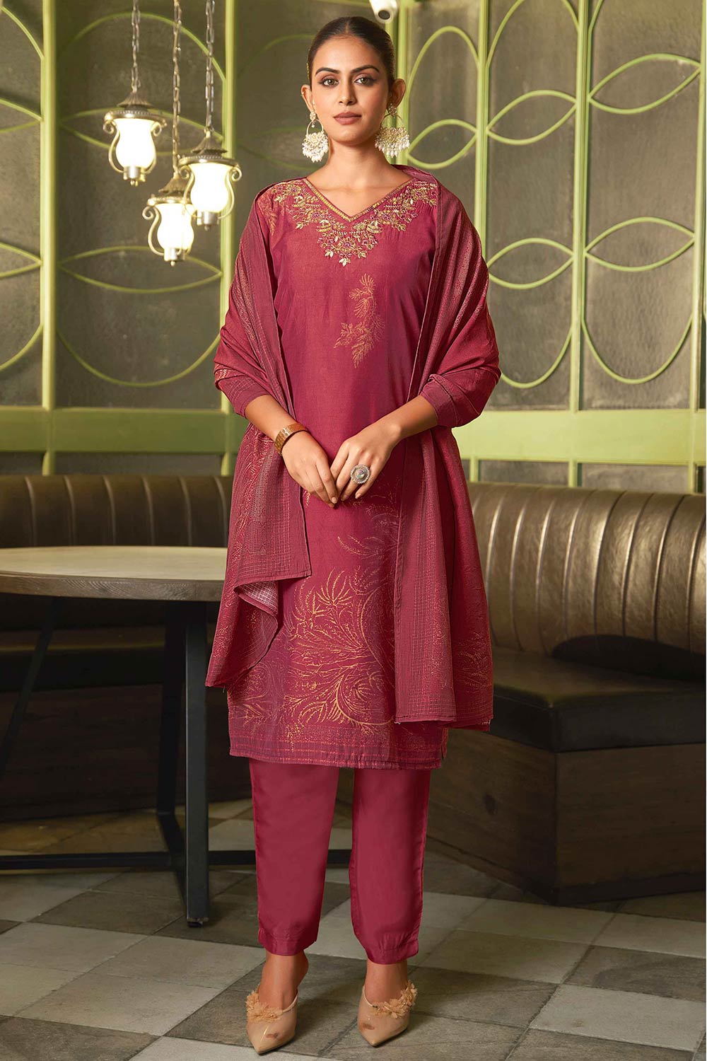 Red Viscose Silk Embroidered Salwar Suit