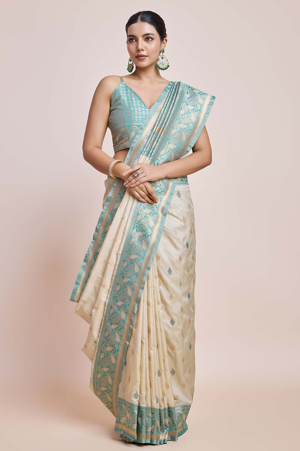 Cream Banarasi Satin Silk Saree