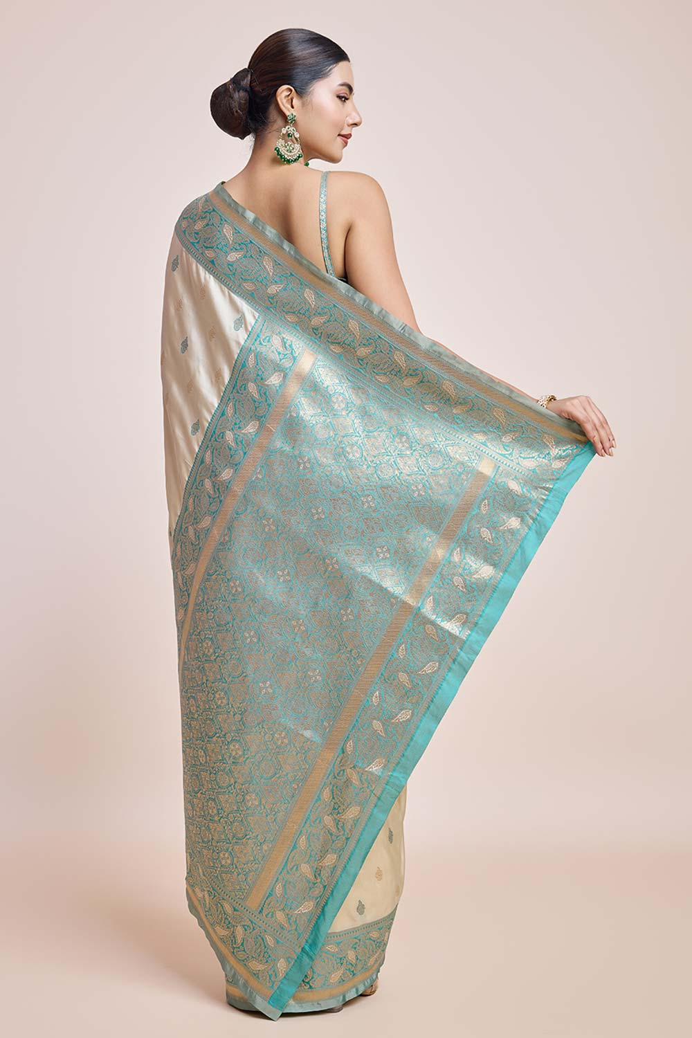 Cream Banarasi Satin Silk Saree