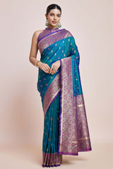 Teal Banarasi Satin Silk Saree