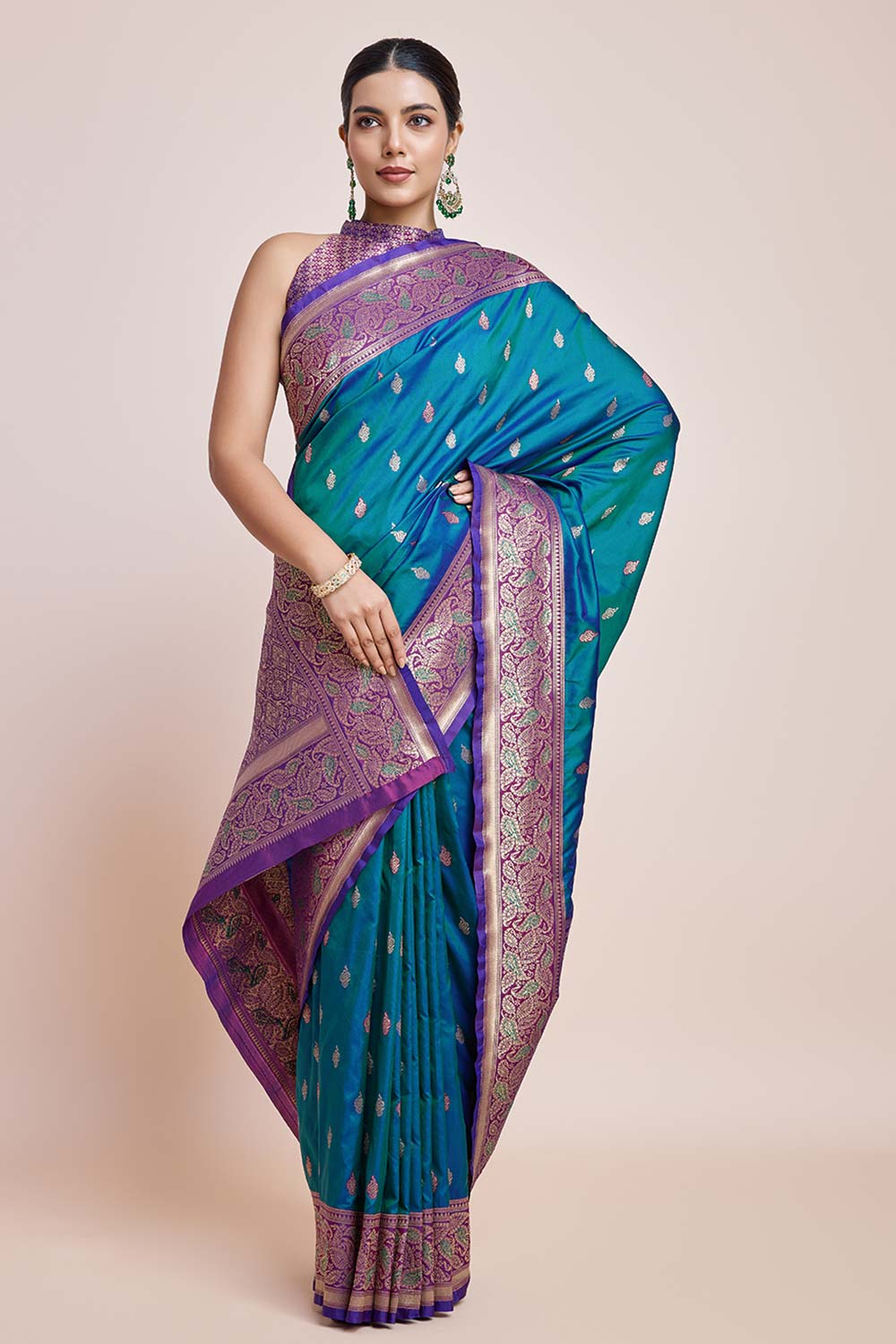 Teal Banarasi Satin Silk Saree