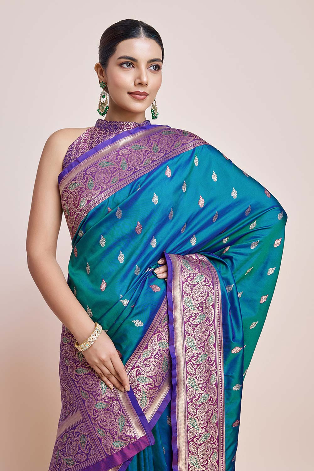 Teal Banarasi Satin Silk Saree