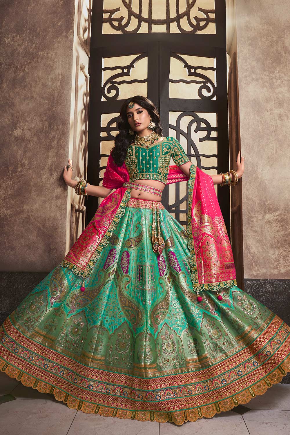 Green Silk Sequence Zarkan Work Lehenga Choli Set