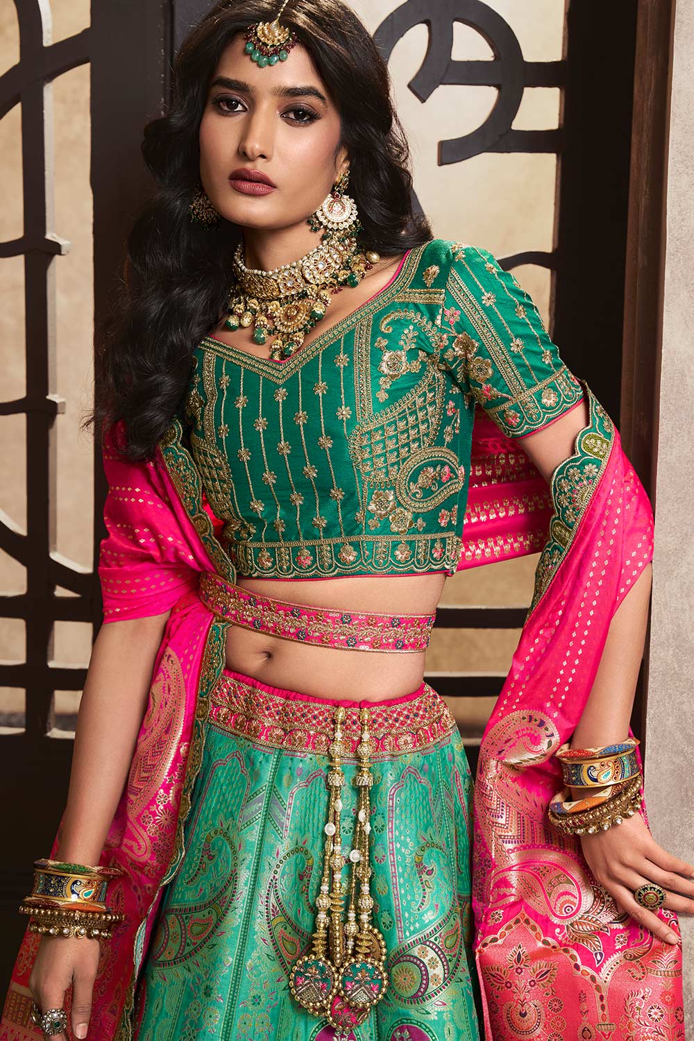 Green Silk Sequence Zarkan Work Lehenga Choli Set