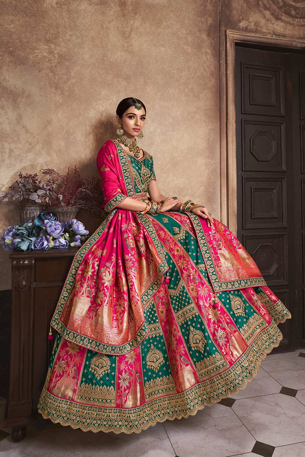 Green Banarasi Silk Embroidered Lehenga Choli Set