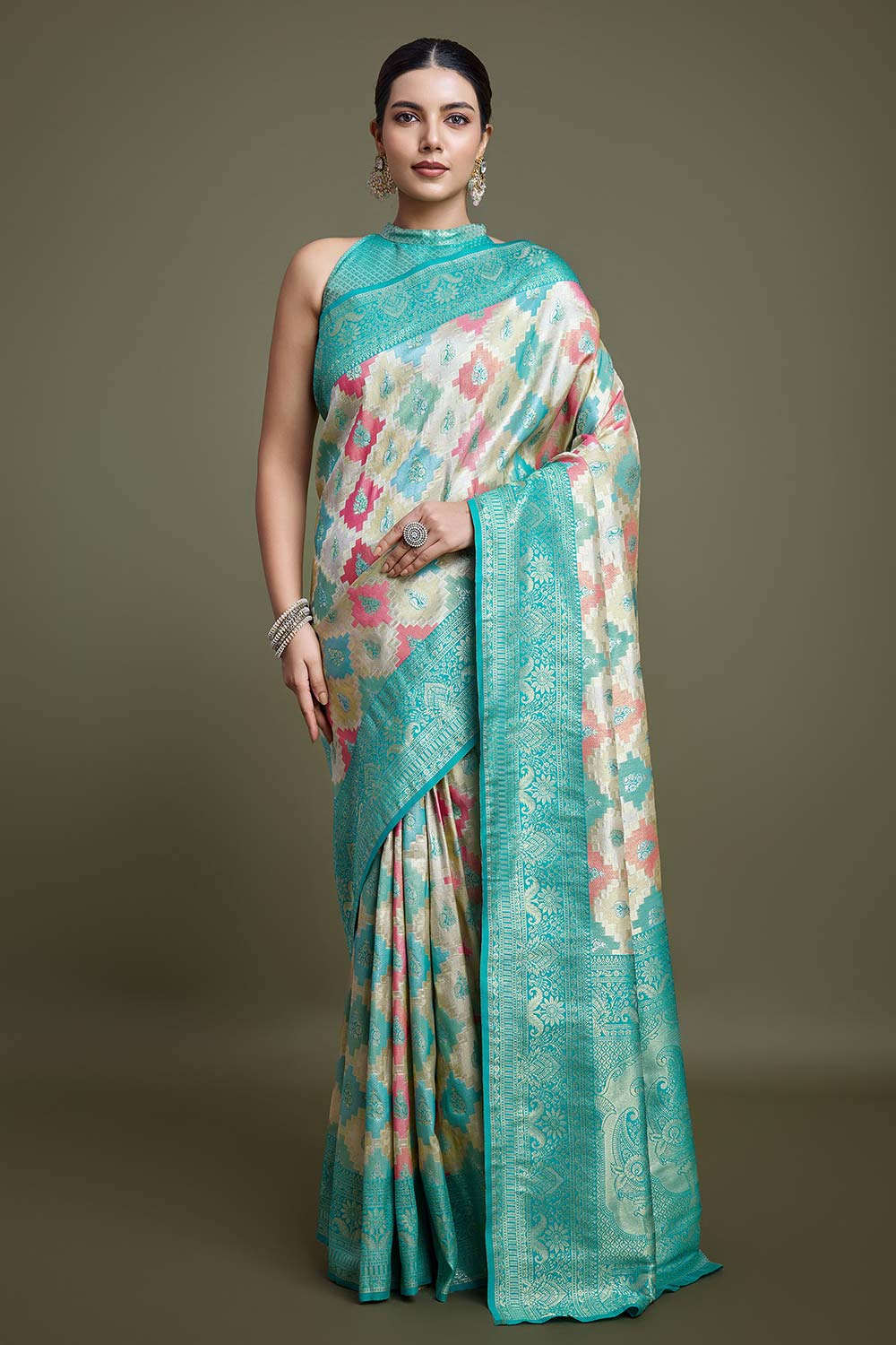 Turquoise And Cream Banarasi Silk Saree