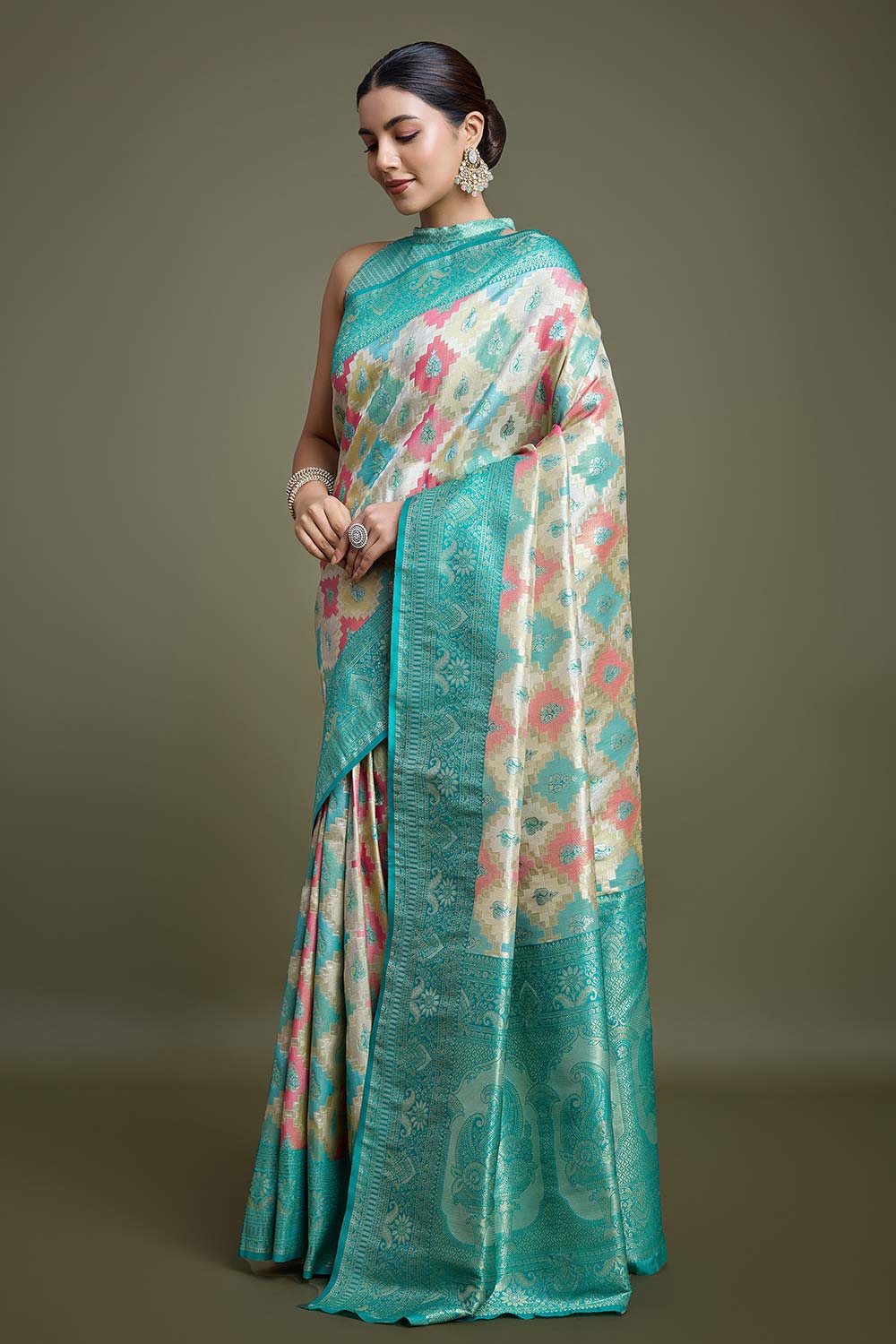 Turquoise And Cream Banarasi Silk Saree