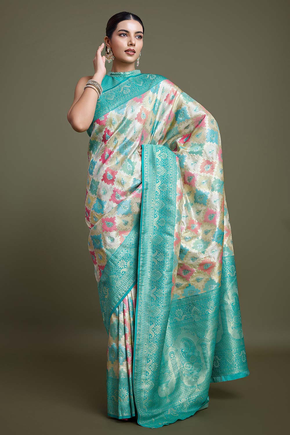 Turquoise And Cream Banarasi Silk Saree