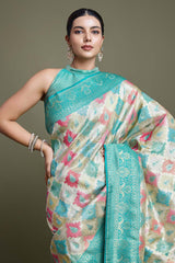 Turquoise And Cream Banarasi Silk Saree