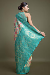 Turquoise And Cream Banarasi Silk Saree