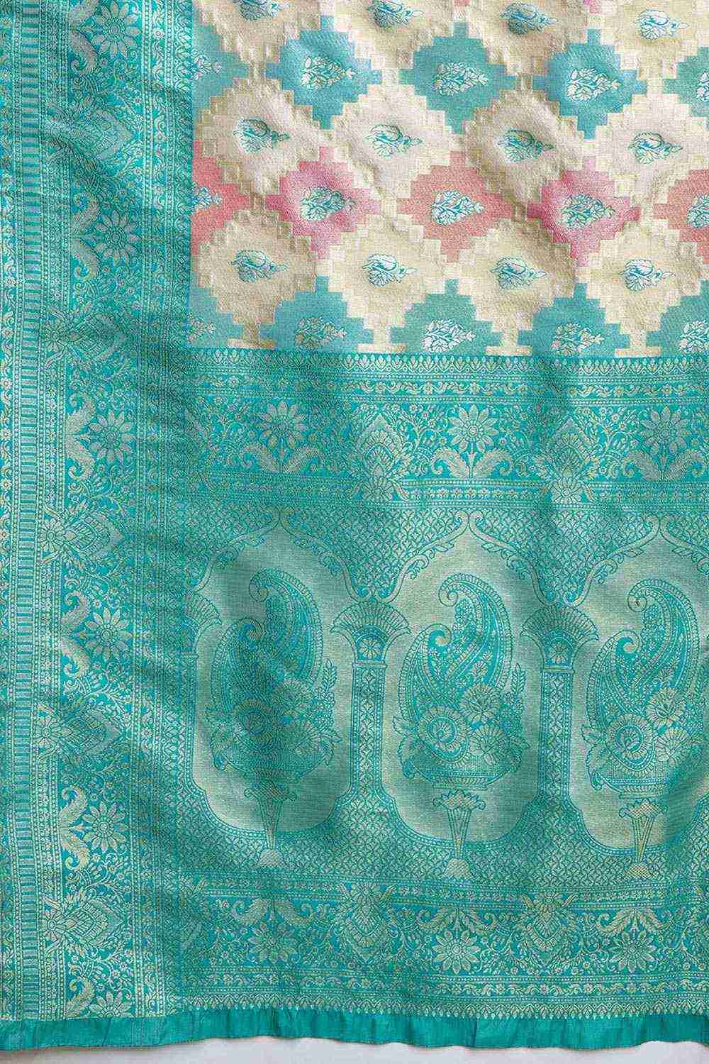 Turquoise And Cream Banarasi Silk Saree