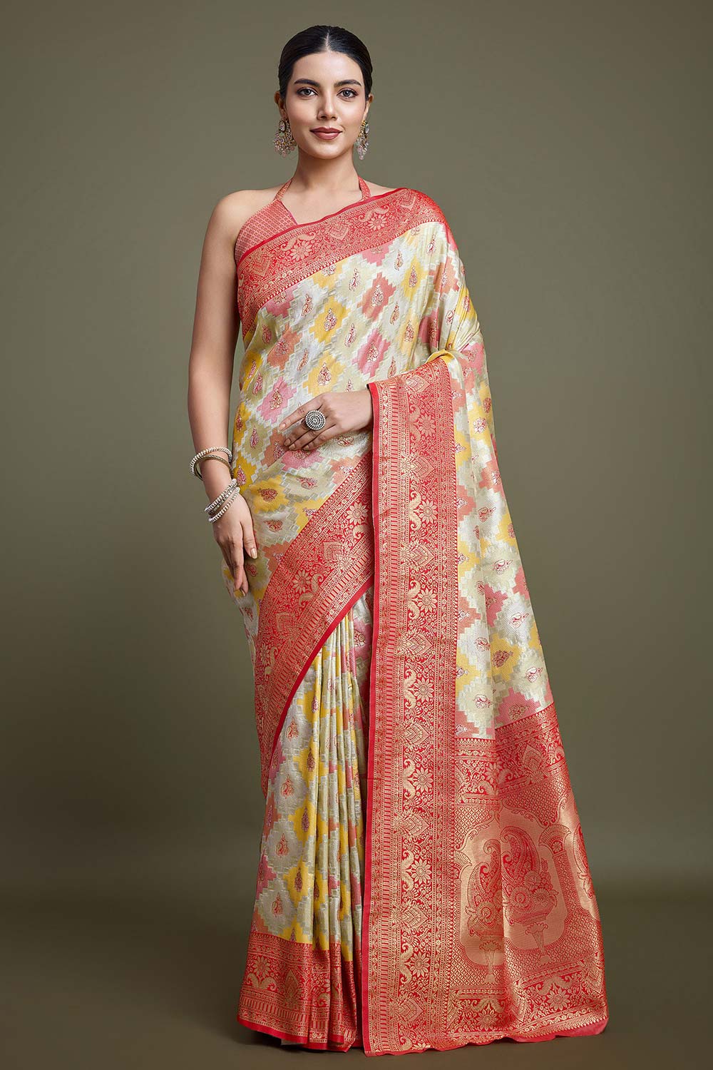 Red And Cream Banarasi Silk Saree