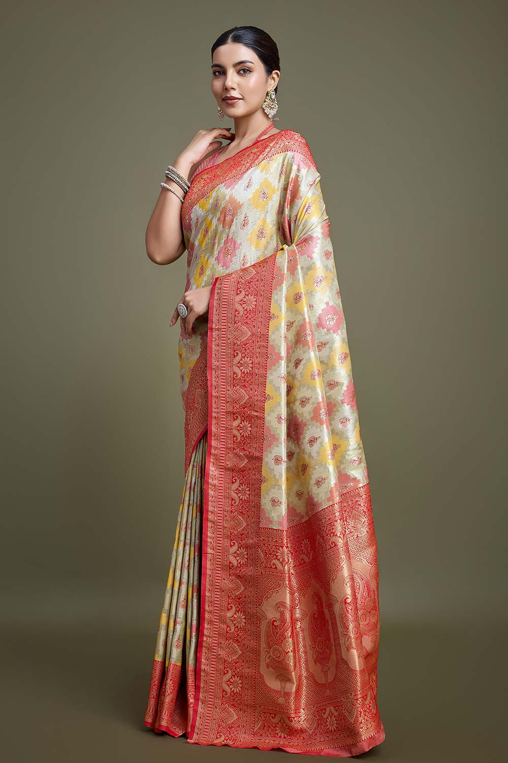 Red And Cream Banarasi Silk Saree