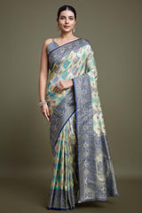 Navy Blue And Cream Banarasi Silk Saree