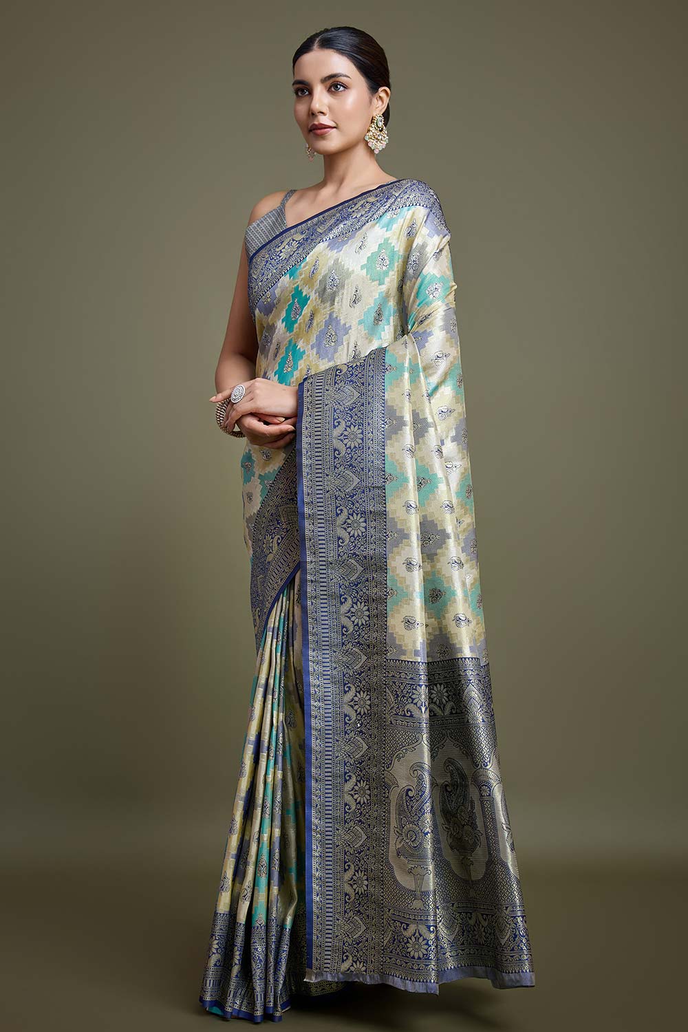 Navy Blue And Cream Banarasi Silk Saree