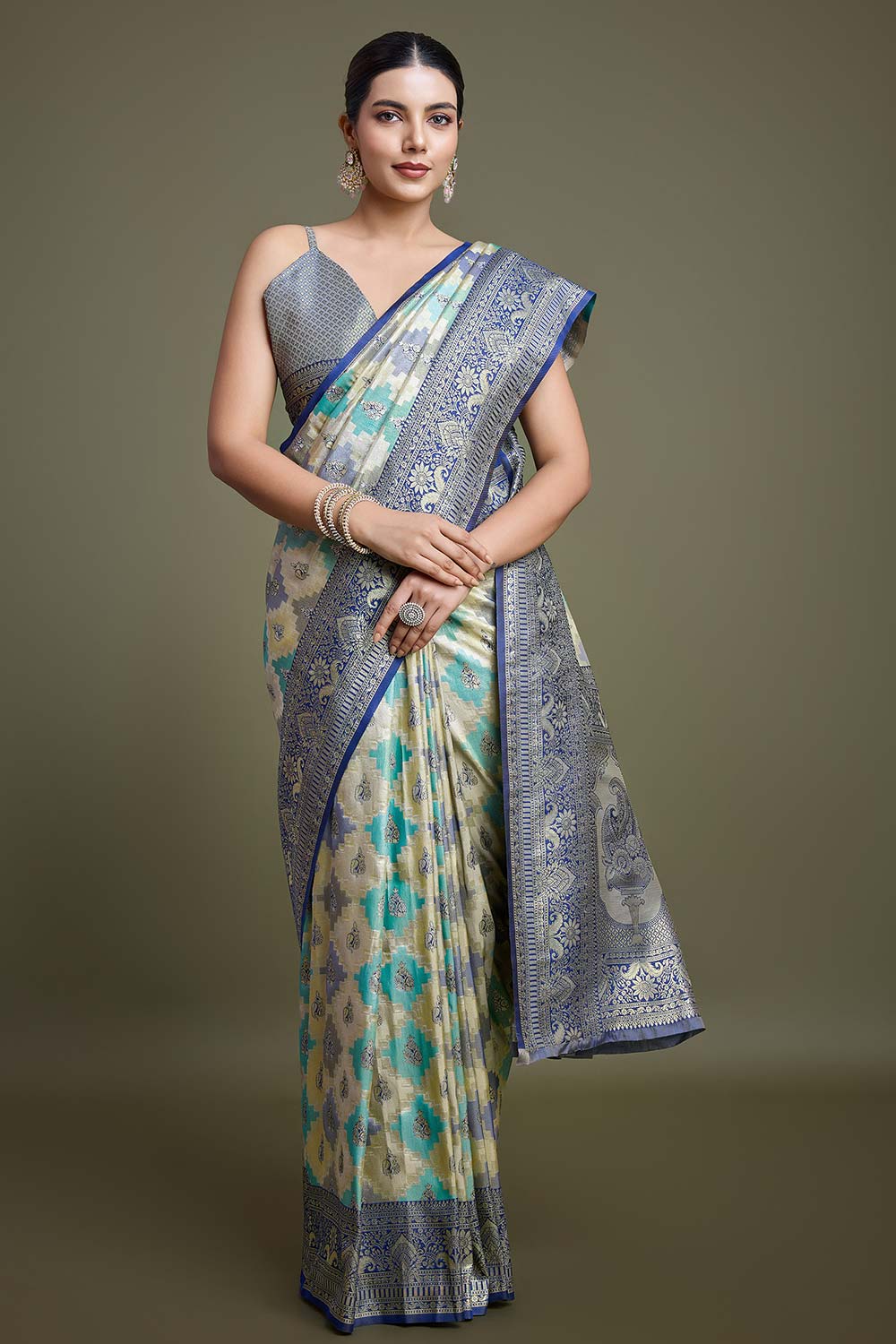 Navy Blue And Cream Banarasi Silk Saree