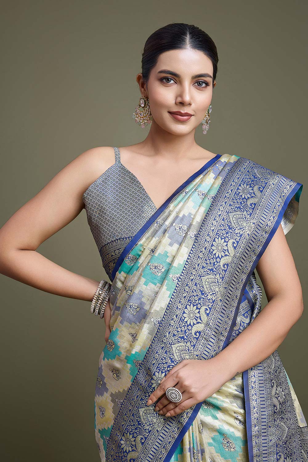 Navy Blue And Cream Banarasi Silk Saree