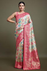 Pink And Cream Banarasi Silk Saree