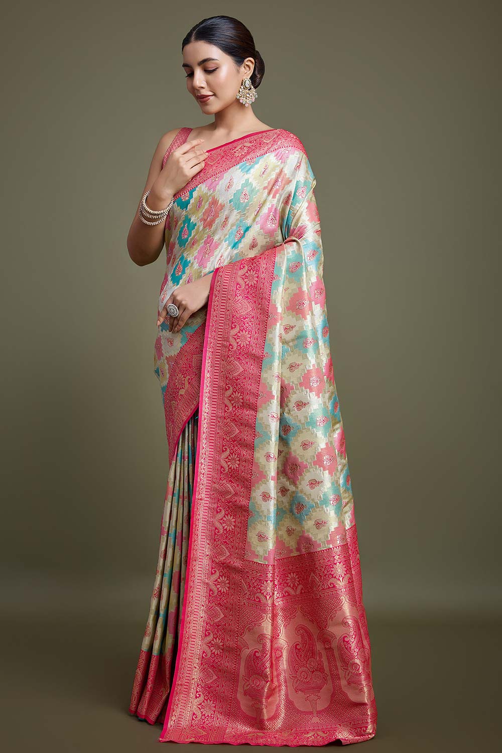 Pink And Cream Banarasi Silk Saree