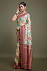 Maroon And Cream Banarasi Silk Saree