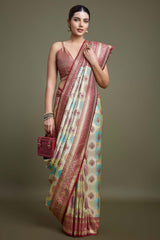 Maroon And Cream Banarasi Silk Saree