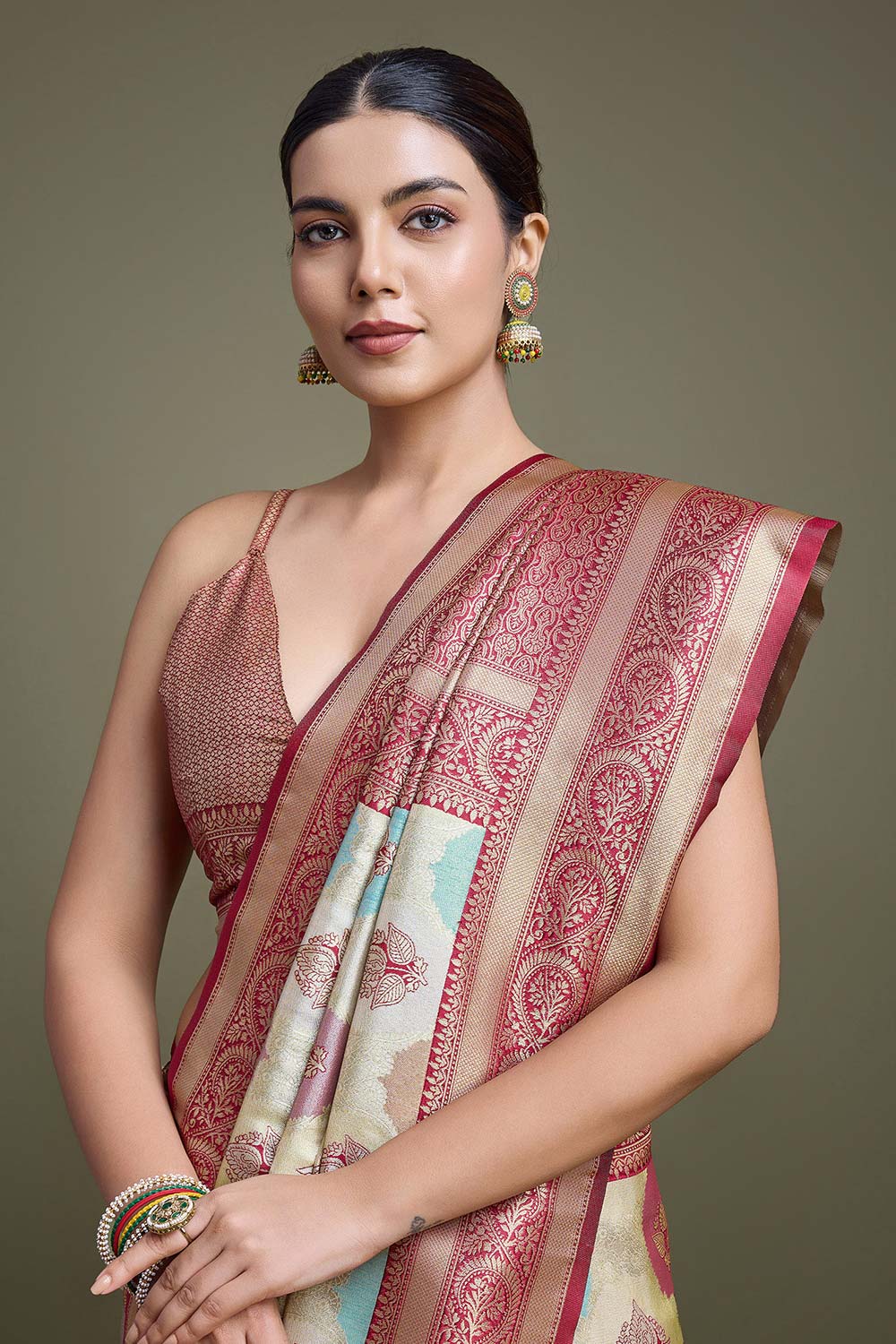 Maroon And Cream Banarasi Silk Saree