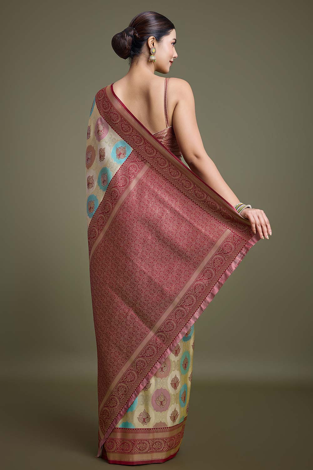 Maroon And Cream Banarasi Silk Saree