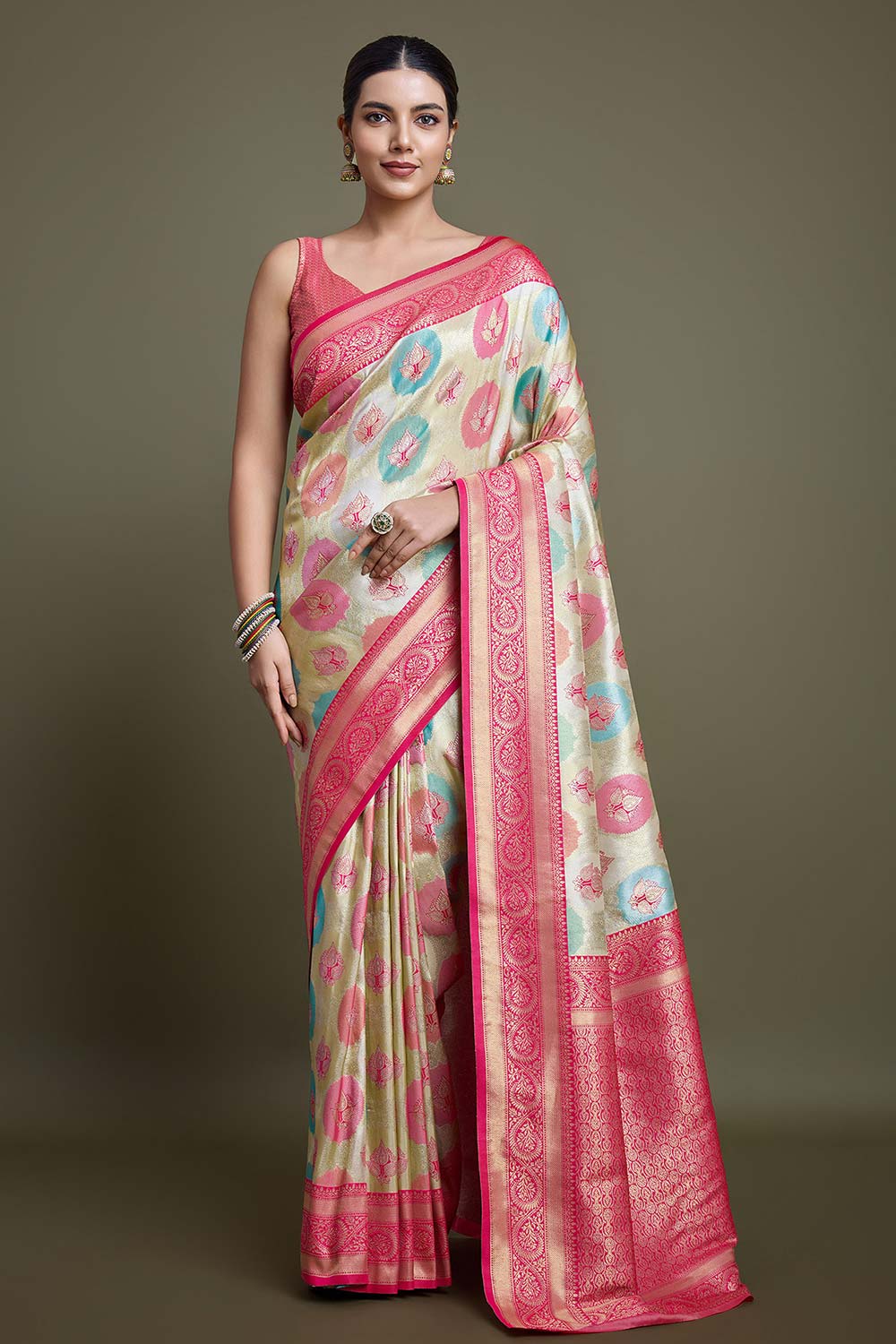 Pink And Cream Banarasi Silk Saree