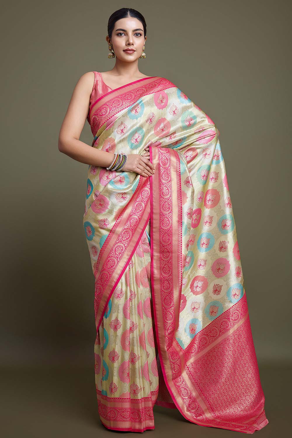 Pink And Cream Banarasi Silk Saree