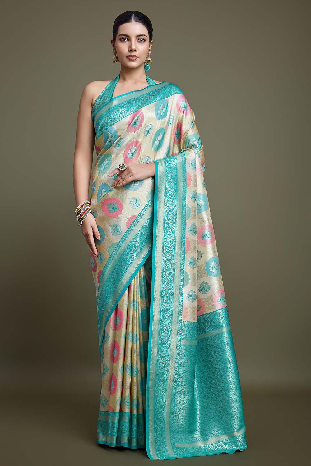 Turquoise And Cream Banarasi Silk Saree